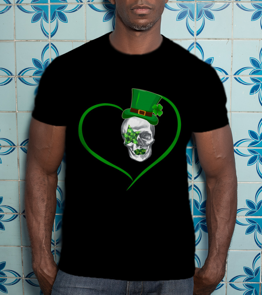 Kiss 02 Skull With Shamrock Star And Green Top Hat Inside Heart Shape T-Shirt