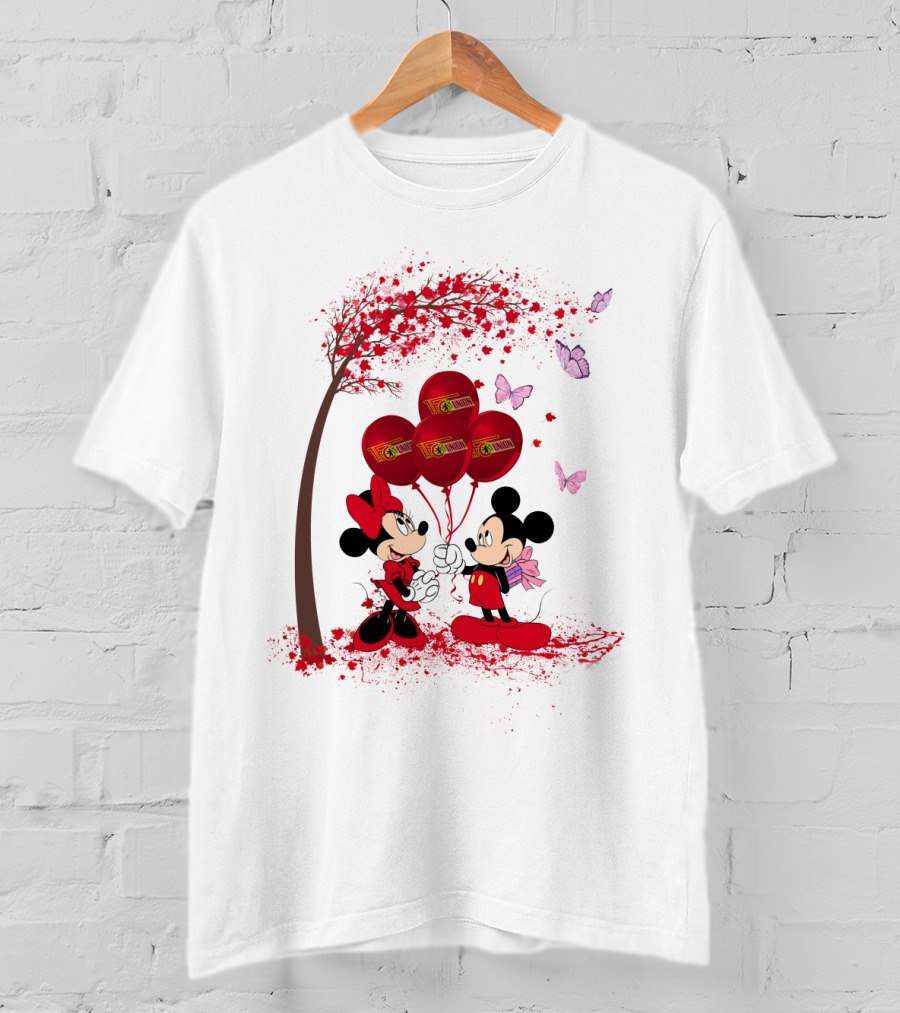 Minnie And Mickey Mouse Holding 1 FC Union Berlin Balloons With Tree And Butterflies T-Shirt