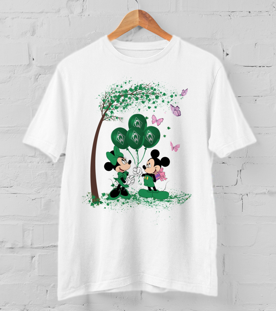 Minnie And Mickey With Green Werder Bremen Balloons Scene T-Shirt