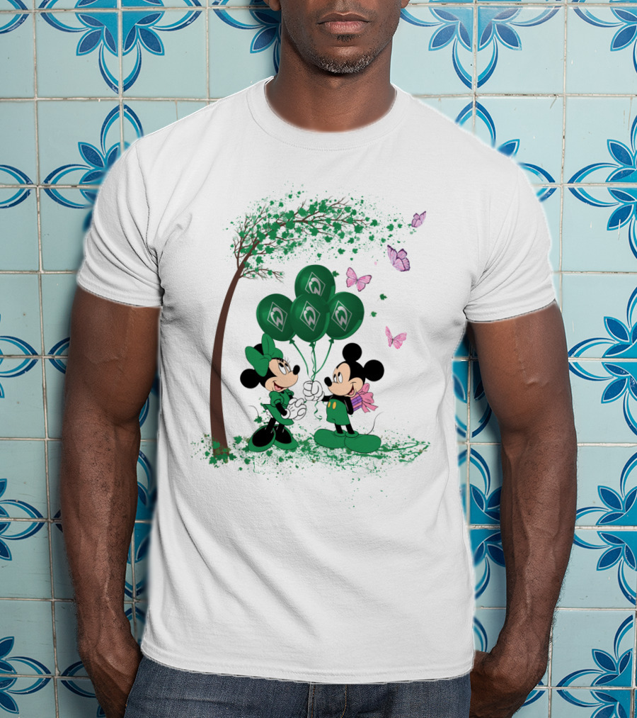 Minnie And Mickey With Green Werder Bremen Balloons Scene T-Shirt
