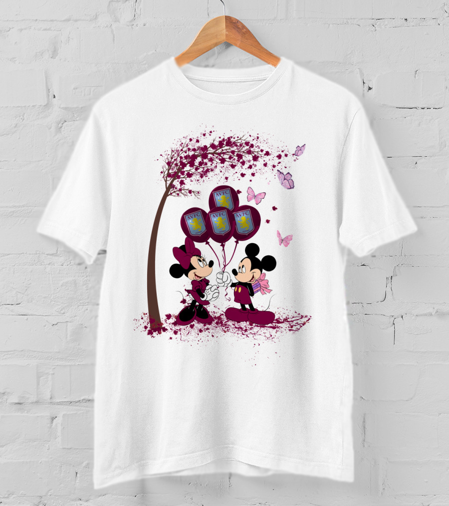 Aston Villa AVFC Balloons With Mickey And Minnie Under Cherry Blossom Tree T-Shirt
