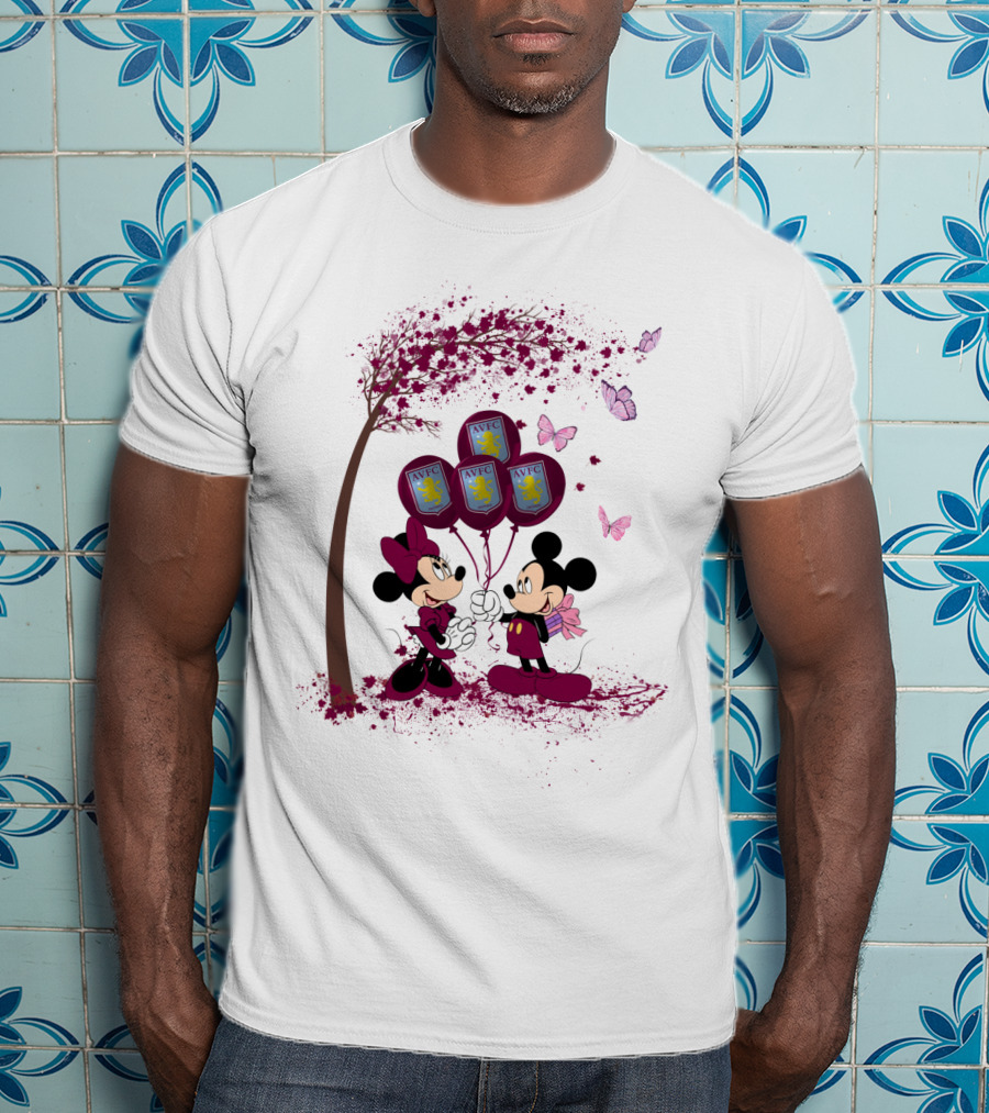 Aston Villa AVFC Balloons With Mickey And Minnie Under Cherry Blossom Tree T-Shirt