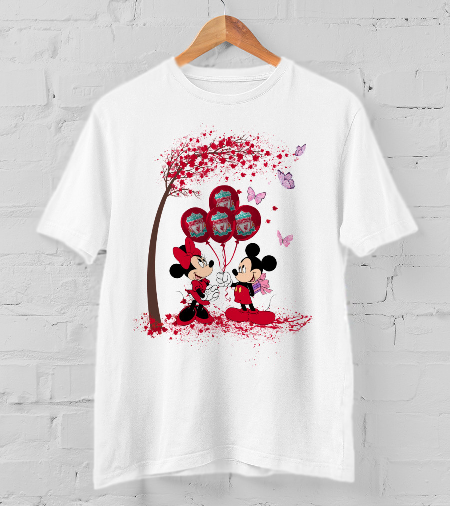 Mickey Minnie Holding Liverpool FC Balloons Under Blossoming Tree With Butterflies T-Shirt