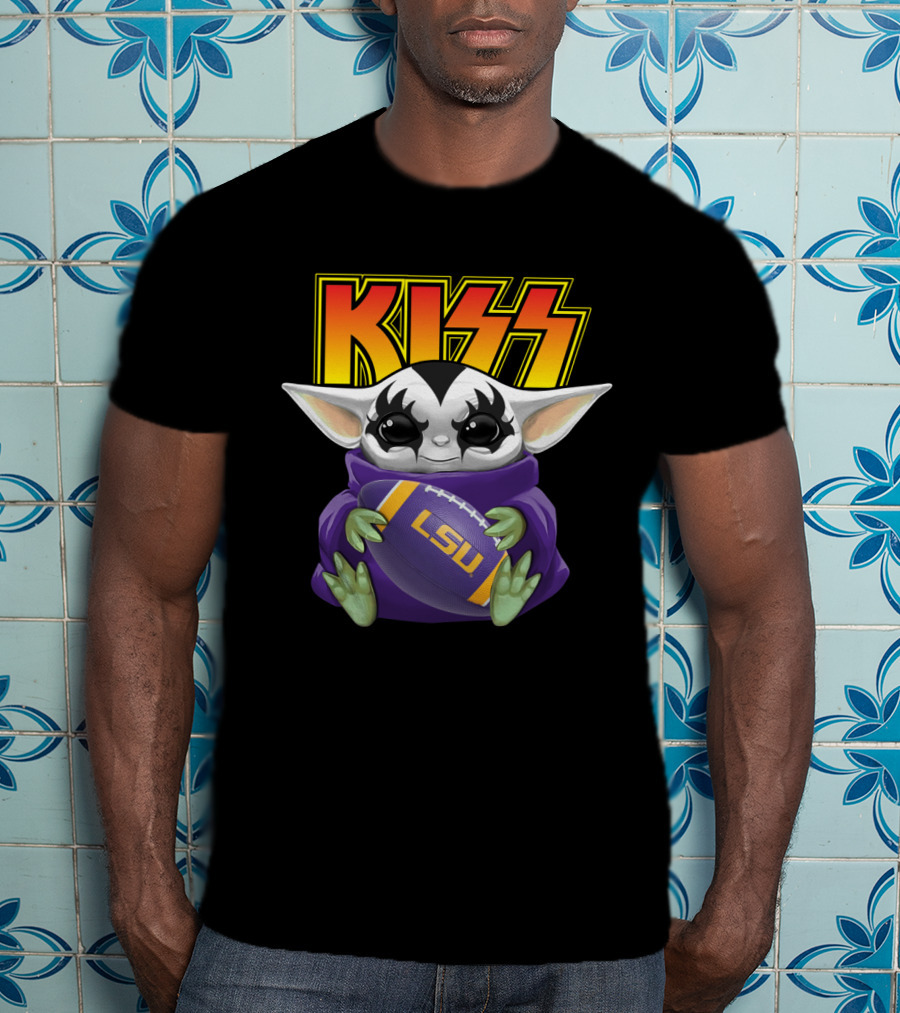 KISS Baby Yoda Holding LSU Tigers Football T-Shirt
