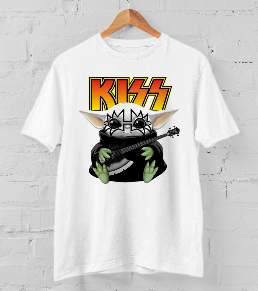 KISS Baby Yoda With Guitar In Tommy Thayer Makeup T-Shirt