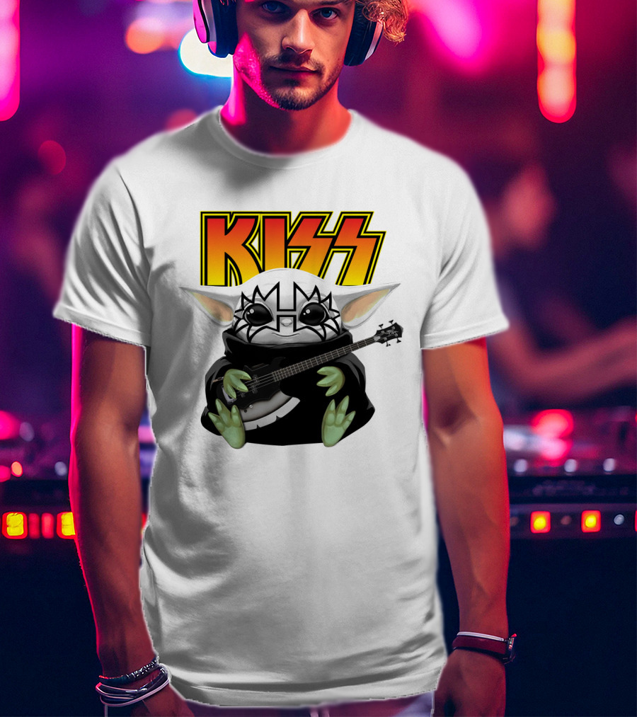 KISS Baby Yoda With Guitar In Tommy Thayer Makeup T-Shirt
