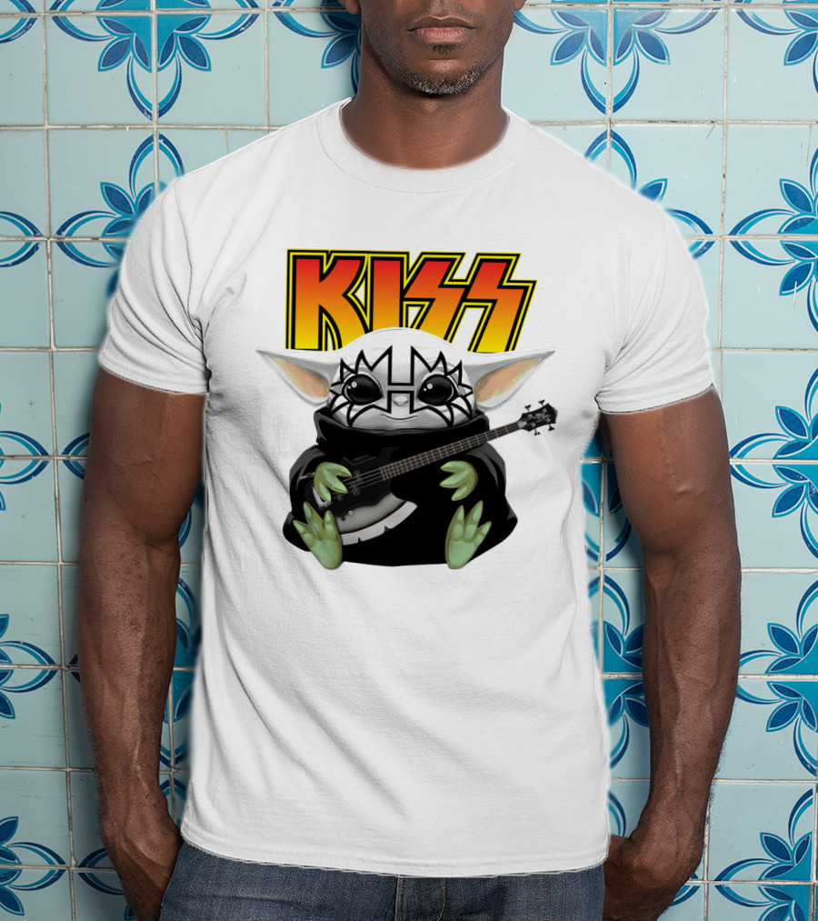 KISS Baby Yoda With Guitar In Tommy Thayer Makeup T-Shirt