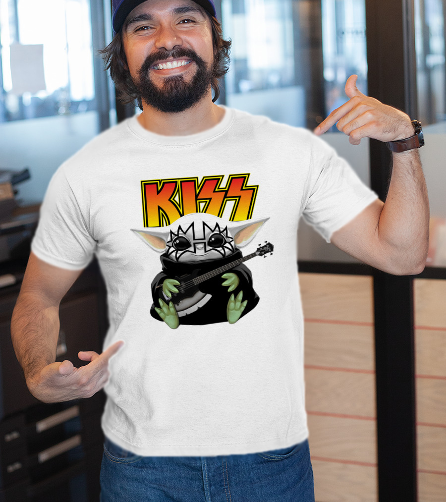 KISS Baby Yoda With Guitar In Tommy Thayer Makeup T-Shirt