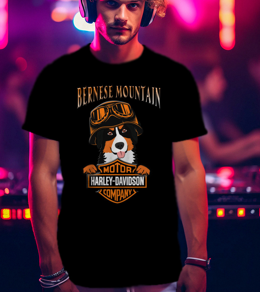 Bernese Mountain Harley Davidson Motorcycle Company Dog With Goggles T-Shirt