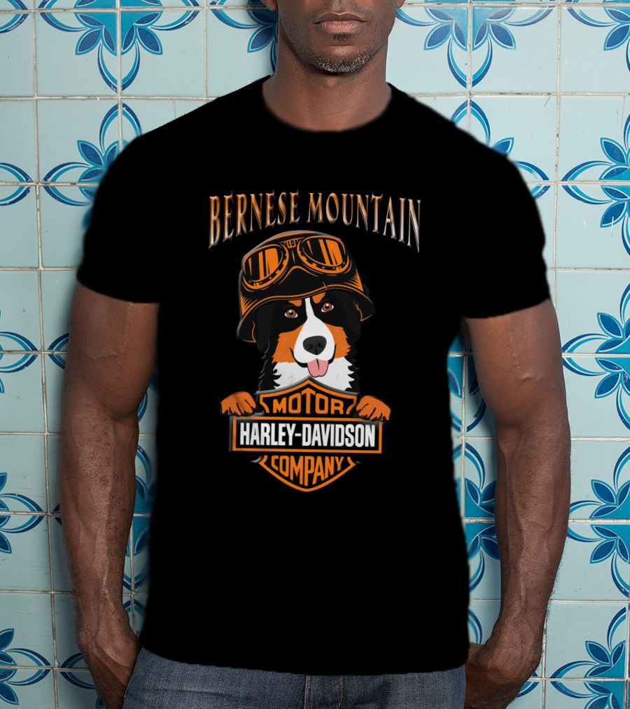 Bernese Mountain Harley Davidson Motorcycle Company Dog With Goggles T-Shirt