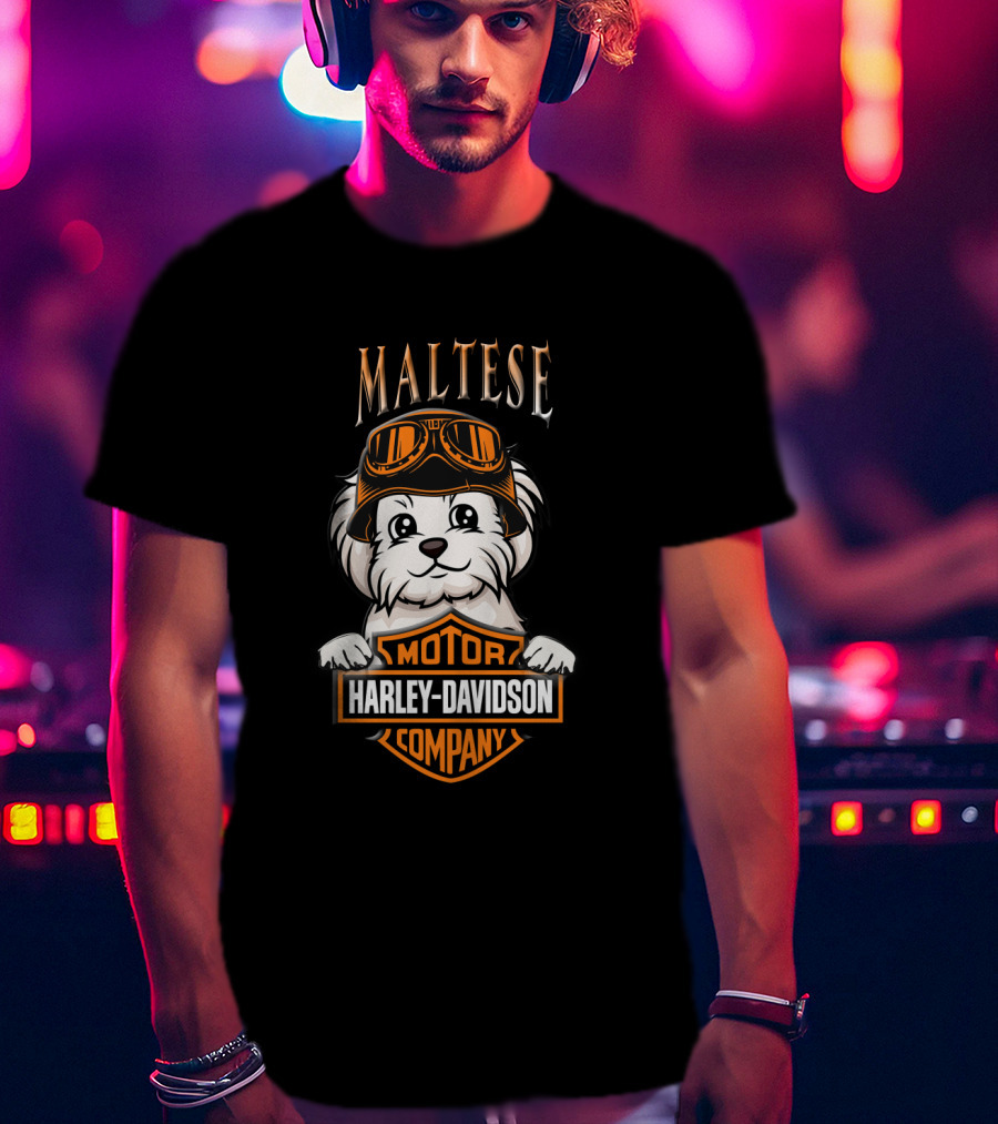 Maltese Harley Davidson Motor Company Dog With Goggles T-Shirt