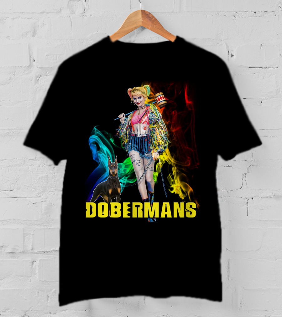 Harley Quinn Dobermans Colorful Character With Mallet And Dog T-Shirt