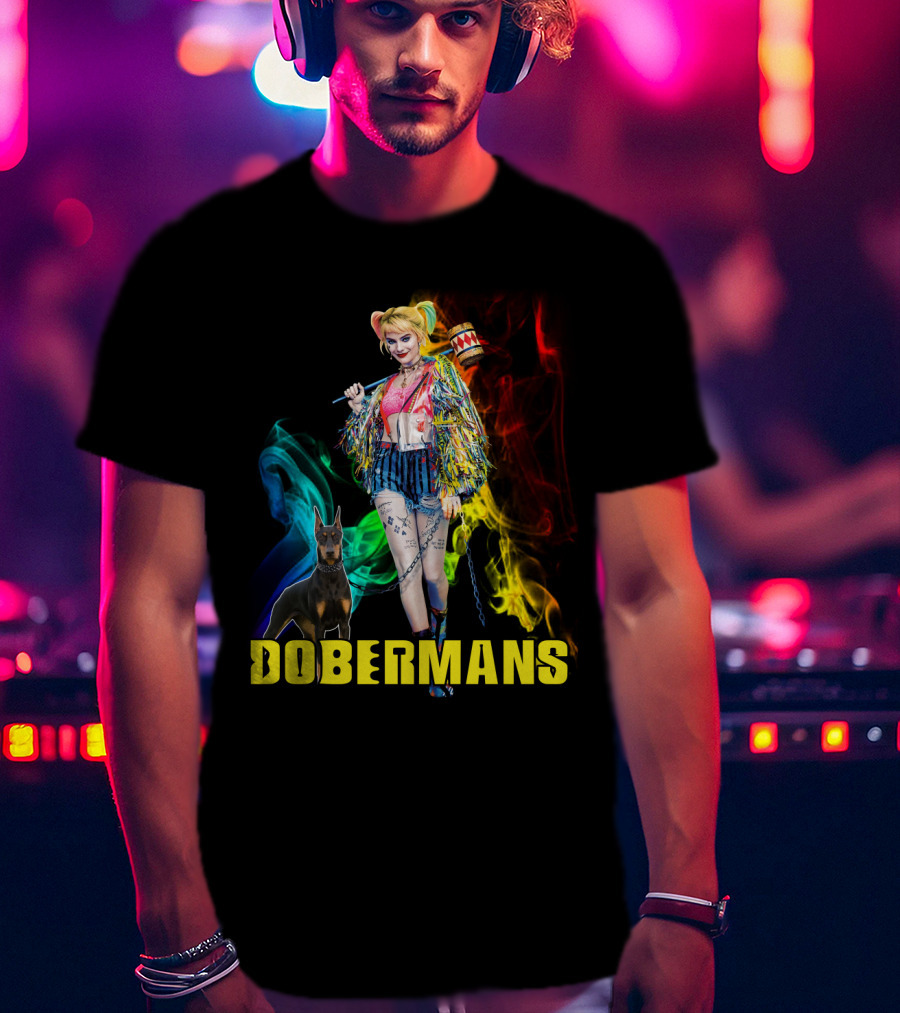 Harley Quinn Dobermans Colorful Character With Mallet And Dog T-Shirt