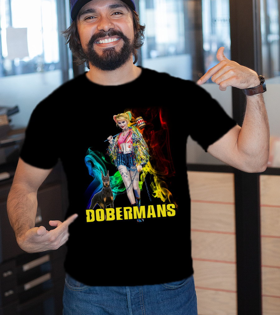 Harley Quinn Dobermans Colorful Character With Mallet And Dog T-Shirt