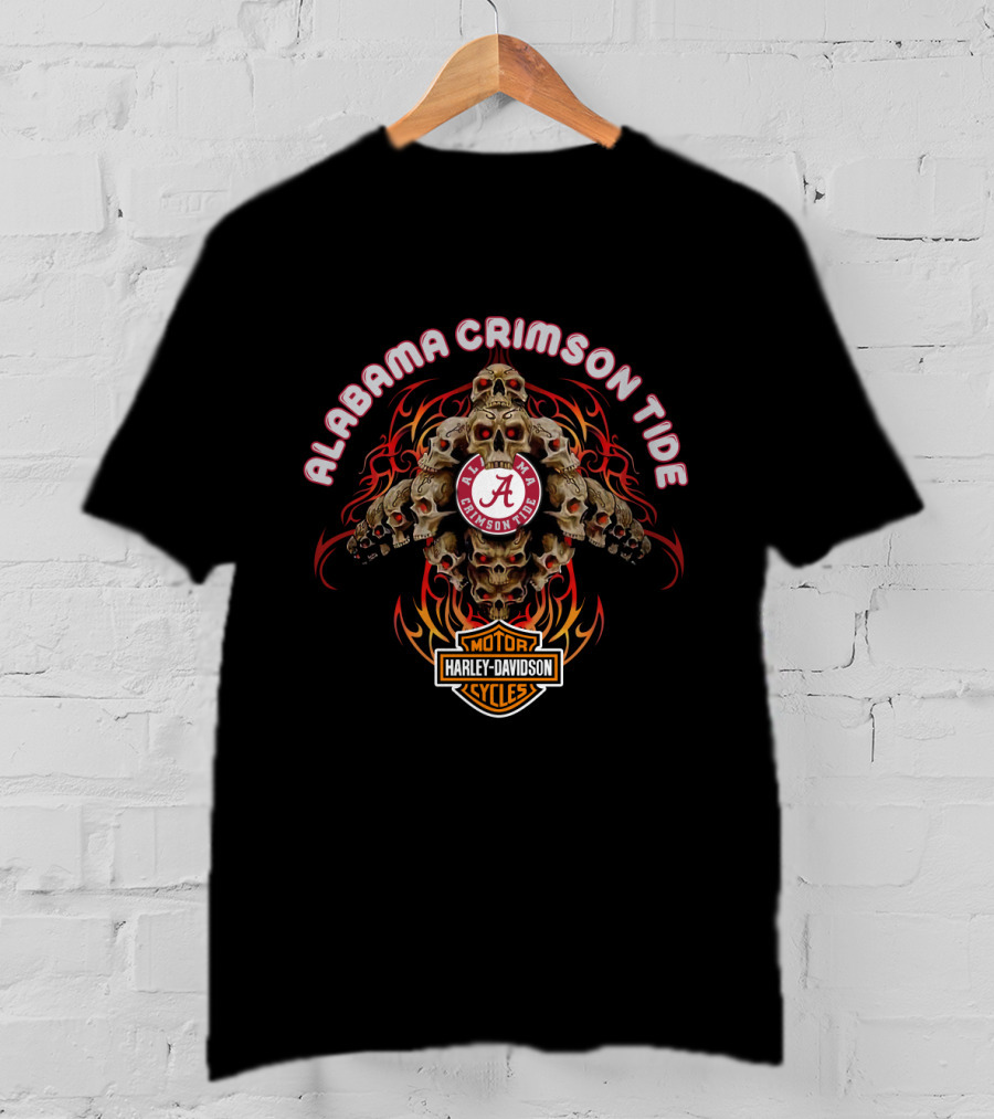Alabama Crimson Tide Harley Davidson Skulls Flame T-Shirt