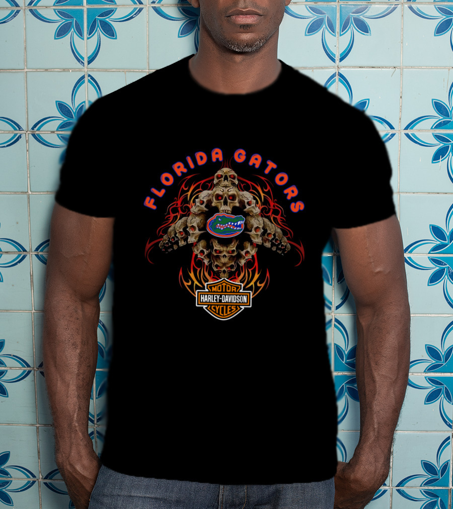 Florida Gators Harley Davidson Motorcycles Skull Flames T-Shirt