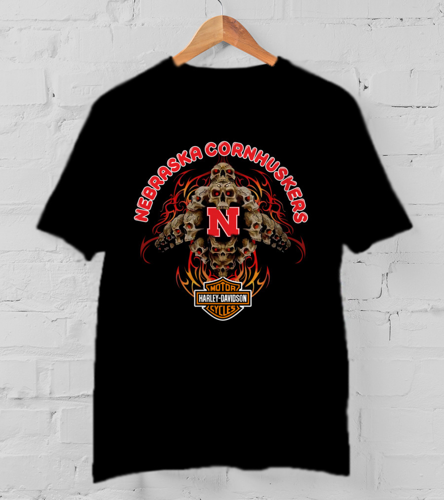 Nebraska Cornhuskers Harley Davidson Skulls Flame T-Shirt