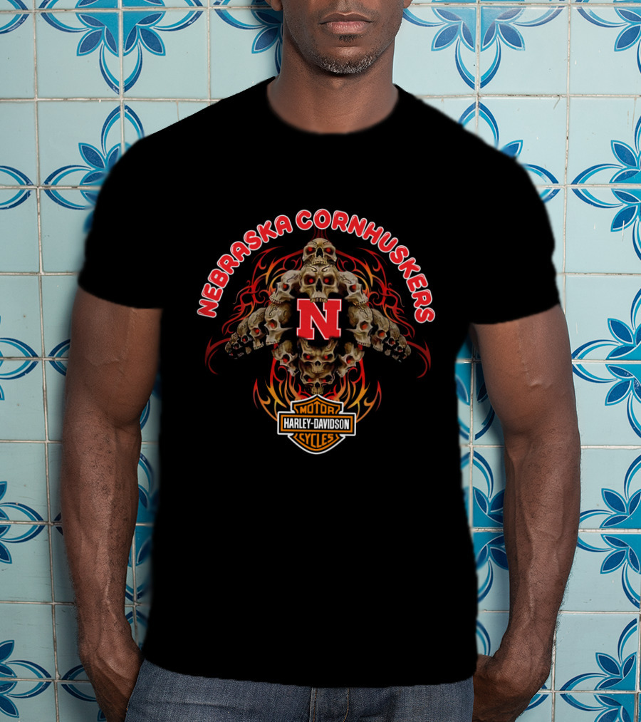 Nebraska Cornhuskers Harley Davidson Skulls Flame T-Shirt