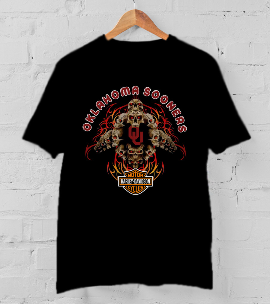 Oklahoma Sooners Harley Davidson Skulls Flame T-Shirt