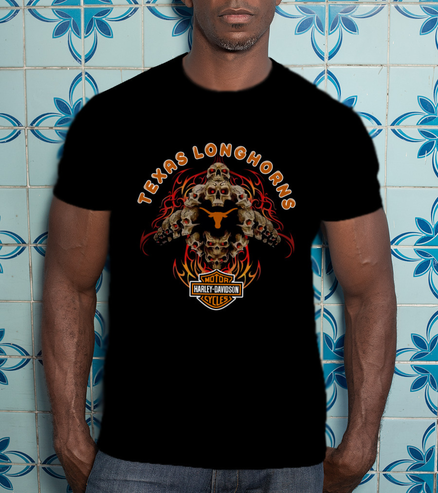 Texas Longhorns Harley Davidson Skulls Flame T-Shirt