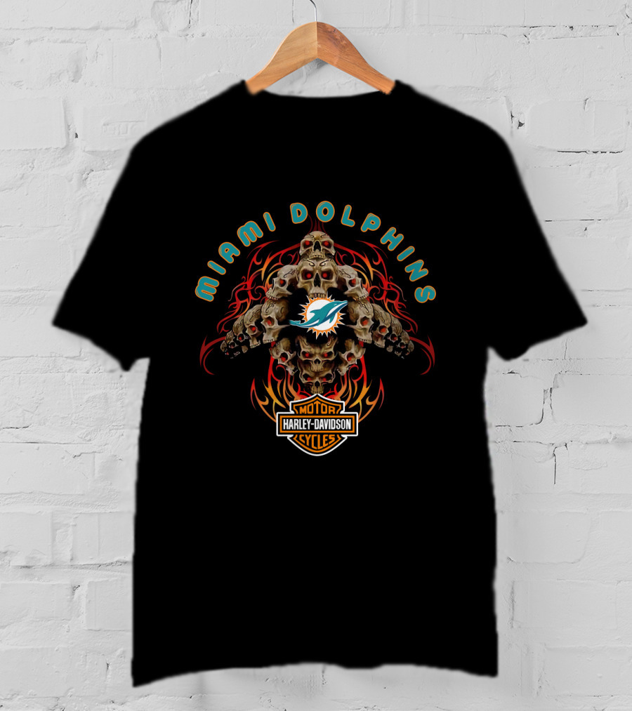 Miami Dolphins Harley Davidson Motorcycle Skulls And Flames T-Shirt