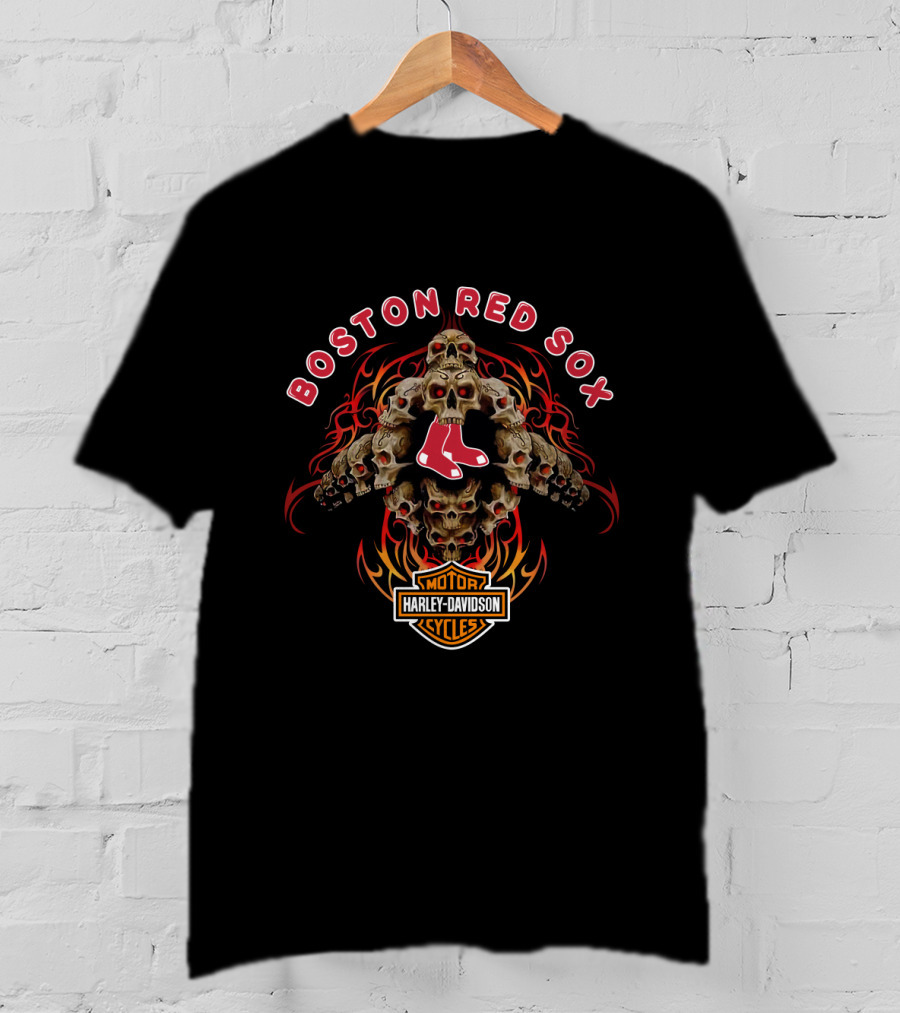 Boston Red Sox Harley Davidson Motorcycle Skulls T-Shirt