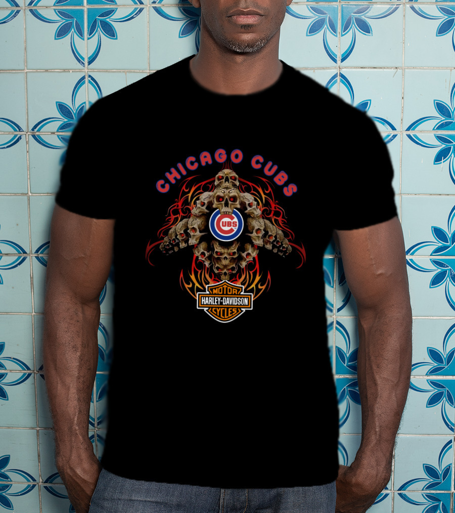 Chicago Cubs Harley Davidson Motorcycles Skulls T-Shirt