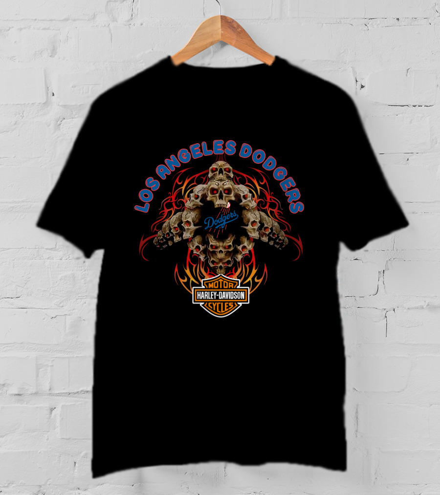 Los Angeles Dodgers Harley Davidson Skull Flame Motorcycle T-Shirt