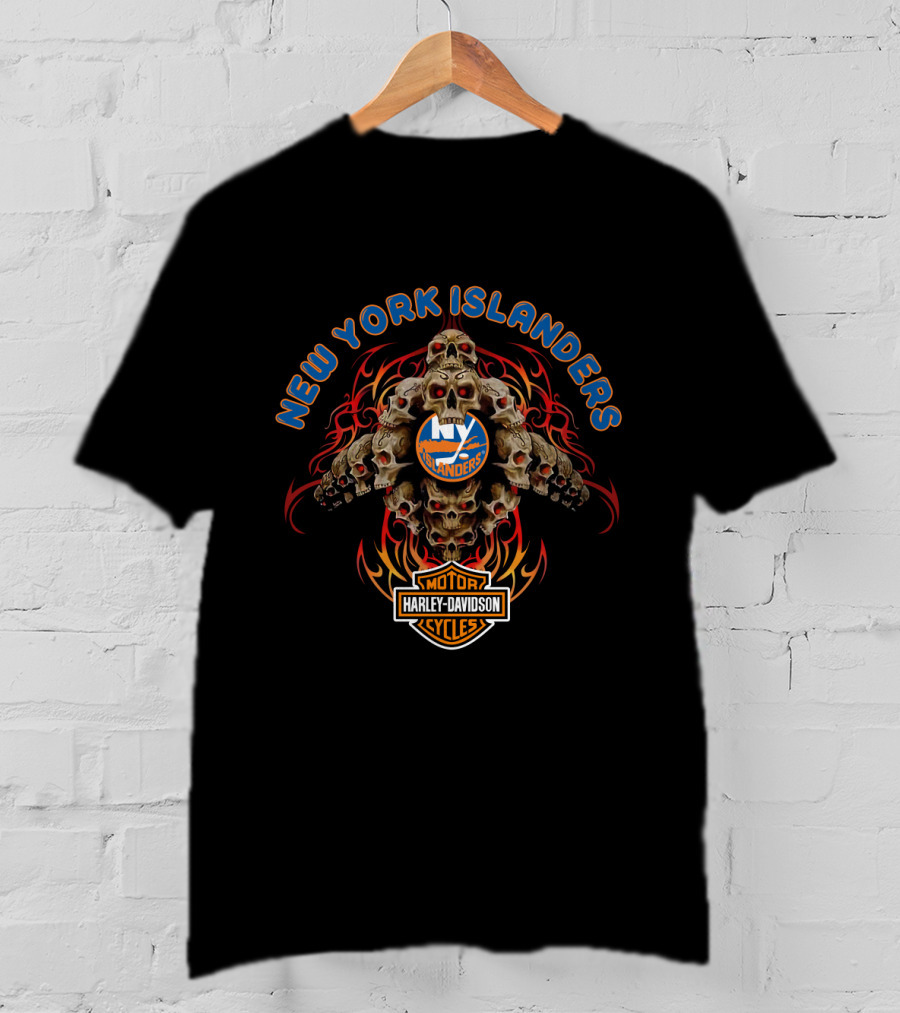 New York Islanders Harley Davidson Motorcycles Skull Flame T-Shirt