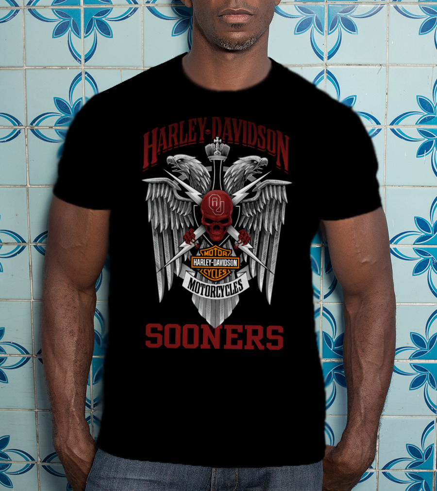 Harley Davidson Motorcycles Oklahoma Sooners Ou Skull Crest T-Shirt