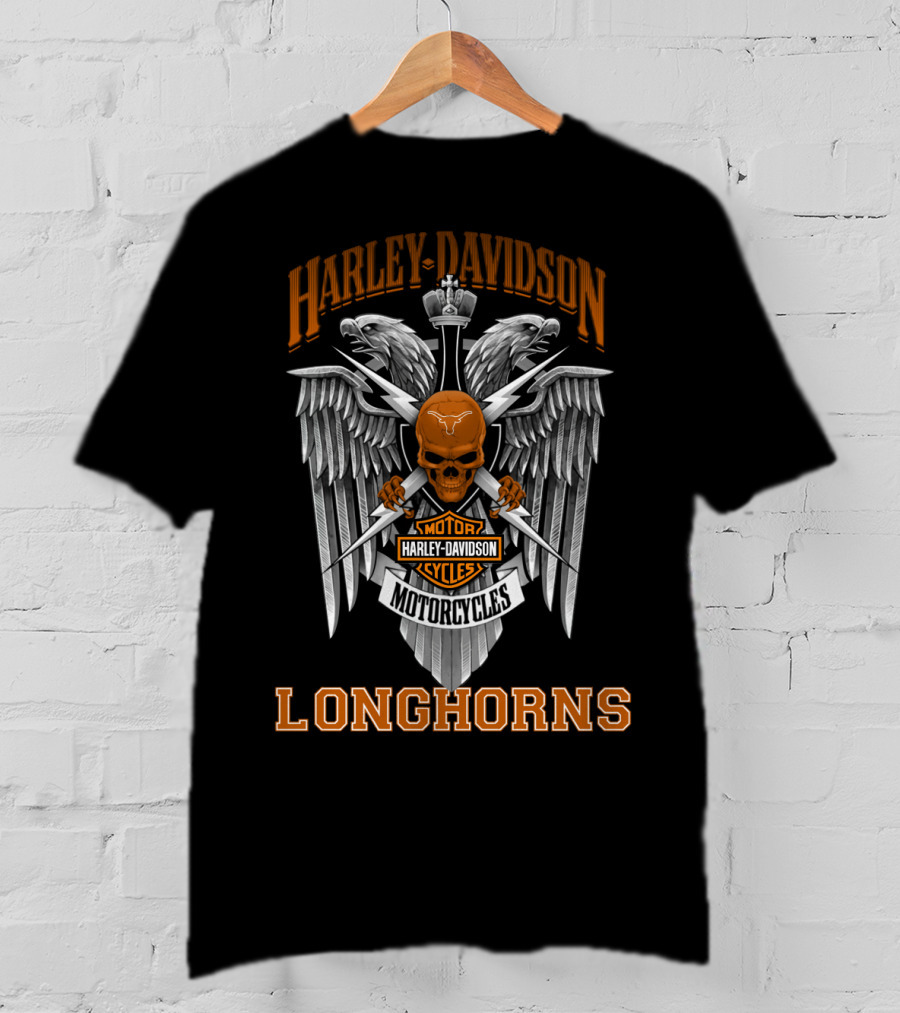 Harley Davidson Motorcycles Texas Longhorns Skull Winged T-Shirt