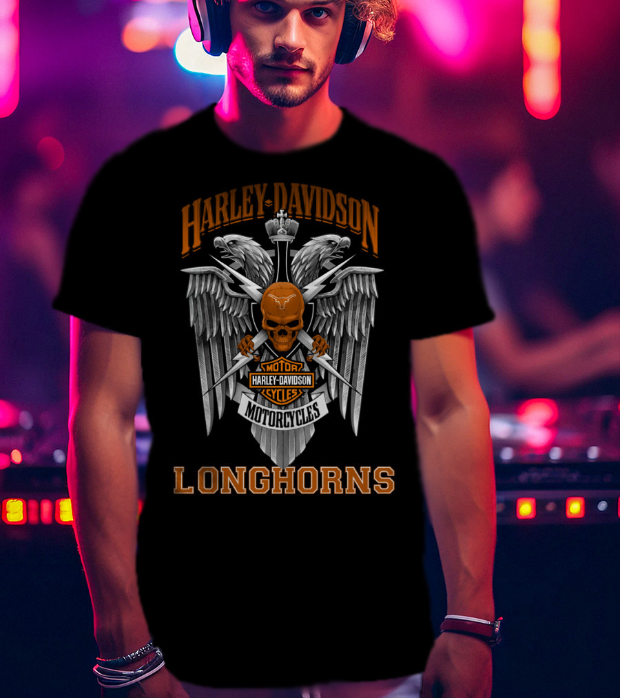 Harley Davidson Motorcycles Texas Longhorns Skull Winged T-Shirt