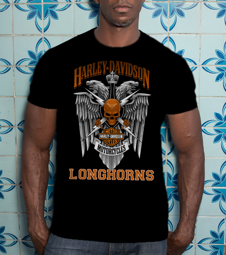 Harley Davidson Motorcycles Texas Longhorns Skull Winged T-Shirt