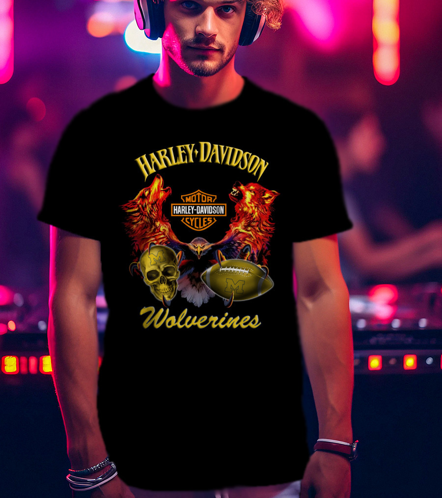 Harley Davidson Motorcycles Wolverines Football Skull T-Shirt