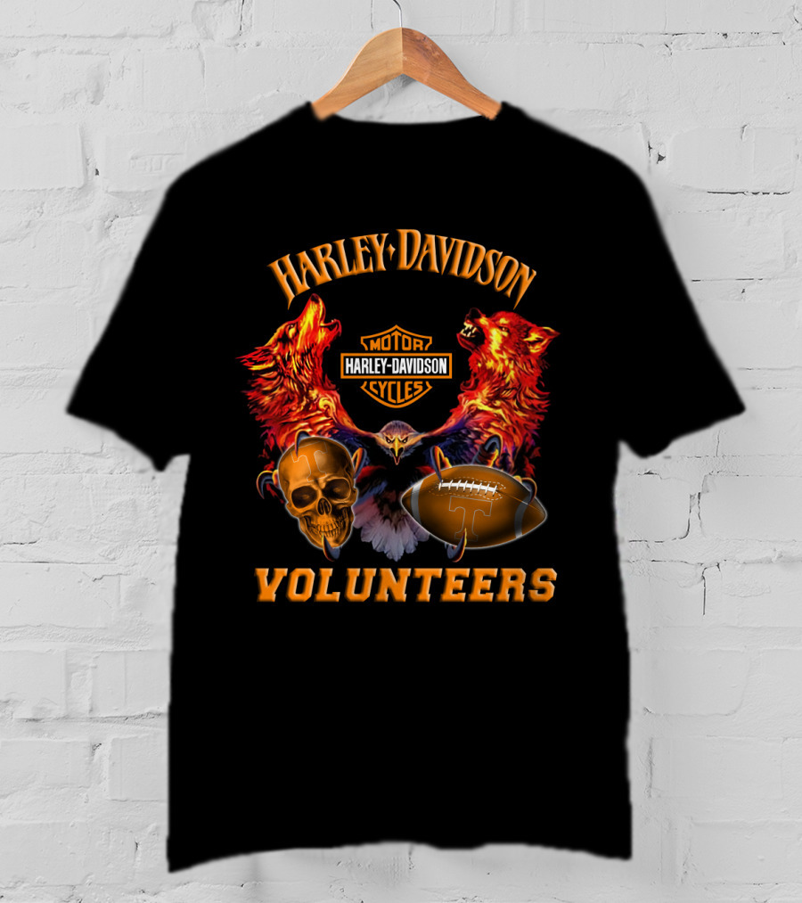 Harley Davidson Motor Cycles Tennessee Volunteers Wolves Skull Football T-Shirt