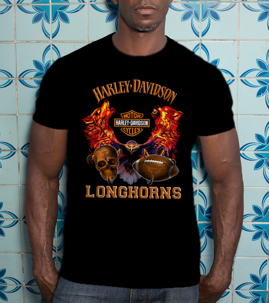 Harley Davidson Longhorns Texas Football Wolves Skull And Motorcycle T-Shirt