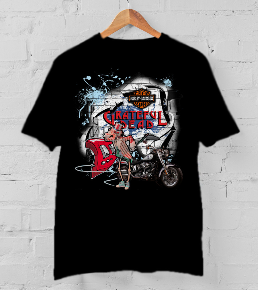 Grateful Dead Harley Davidson Motorcycle Skeleton With Guitar T-Shirt