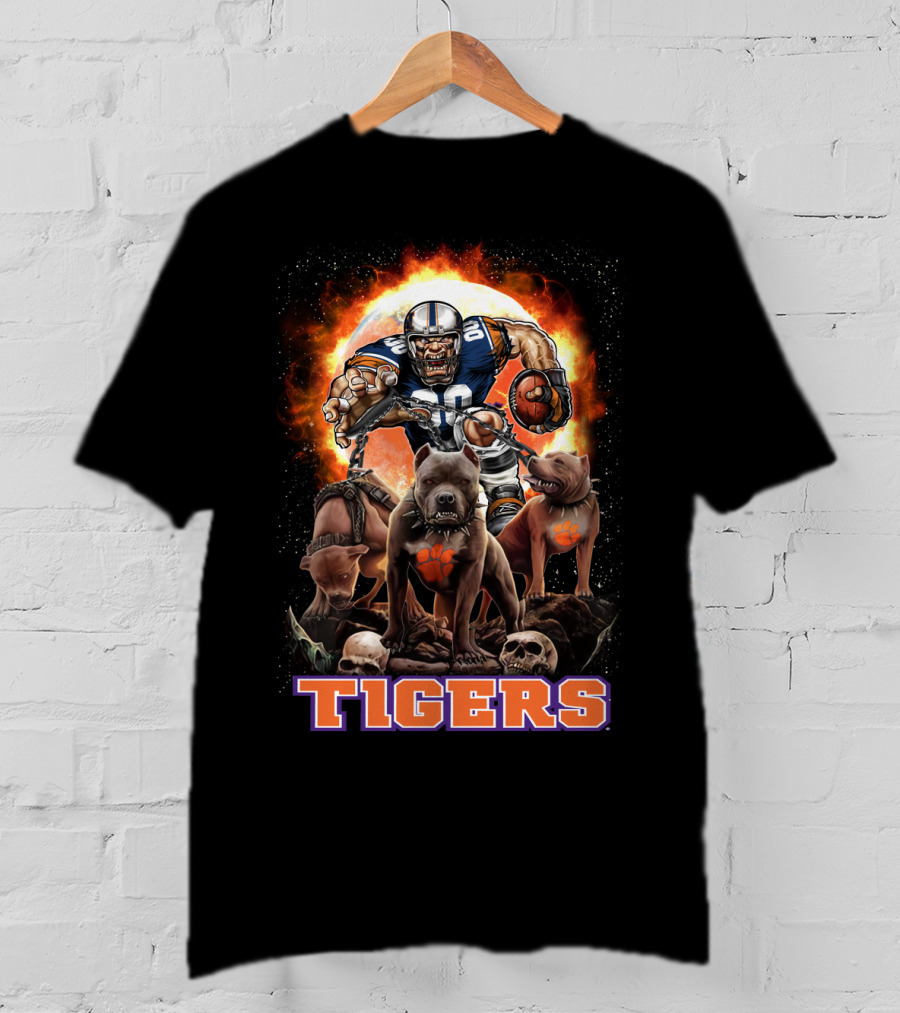 Tigers Football Warrior With Dogs And Skulls In Front Of Fiery T-Shirt