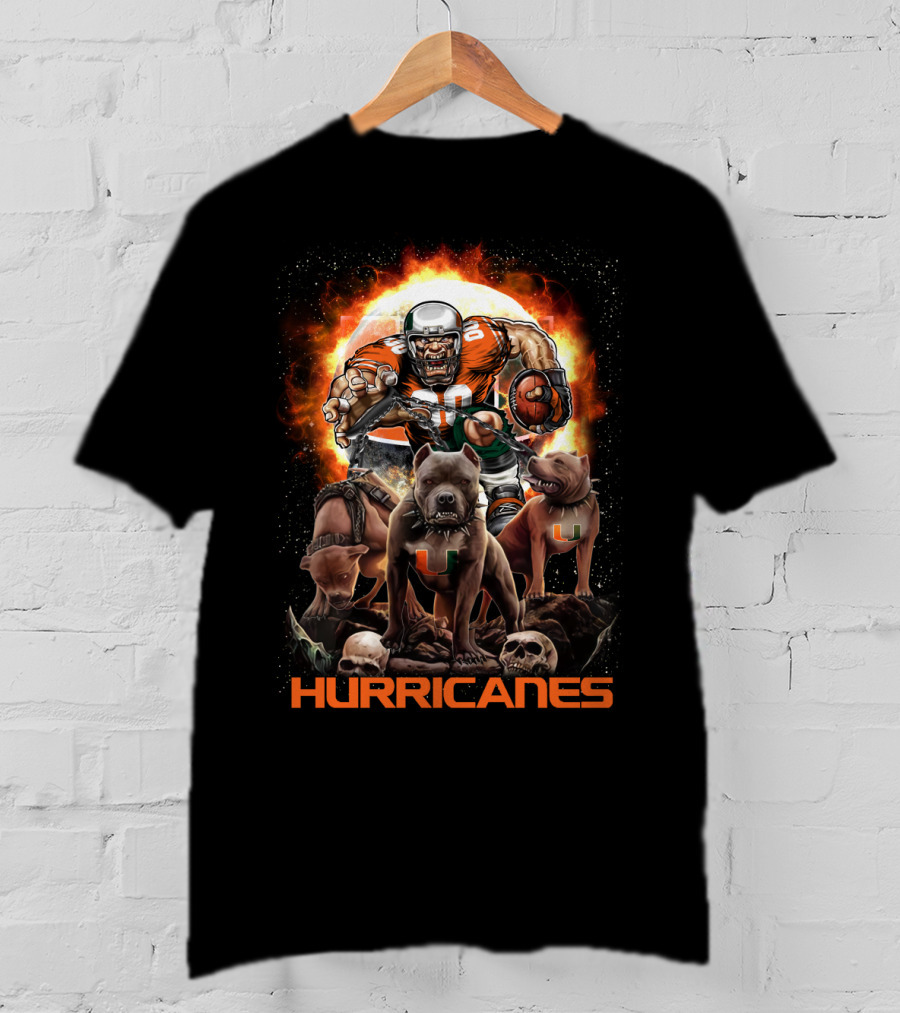 Hurricanes Dh 49 Miami Football Dogs And Skull Action Scene T-Shirt