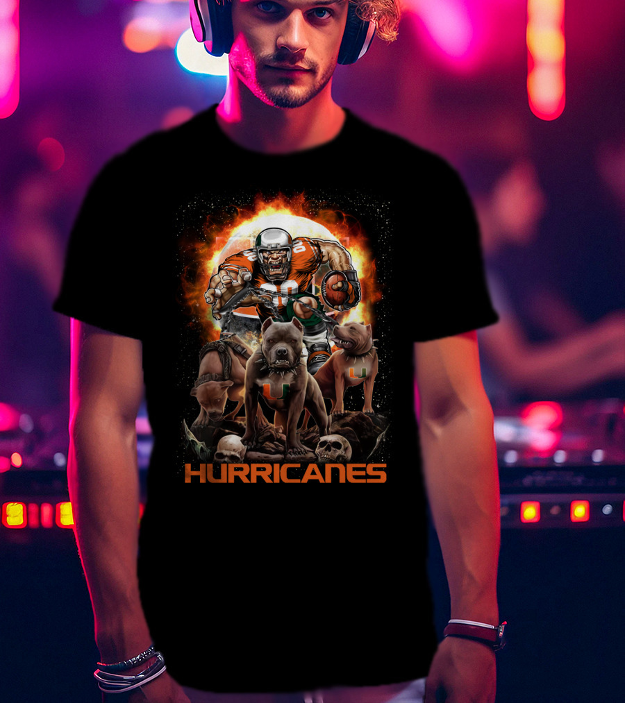 Hurricanes Dh 49 Miami Football Dogs And Skull Action Scene T-Shirt