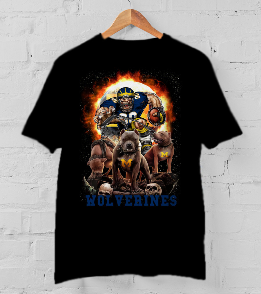 Michigan Wolverines Football Player With Dogs And Flames T-Shirt