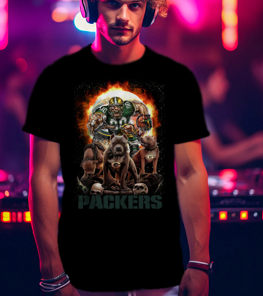 Packers Fierce Football Warrior With Dogs And Flaming T-Shirt