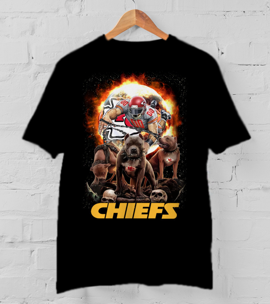 Chiefs Football Player With Dogs And Fiery T-Shirt