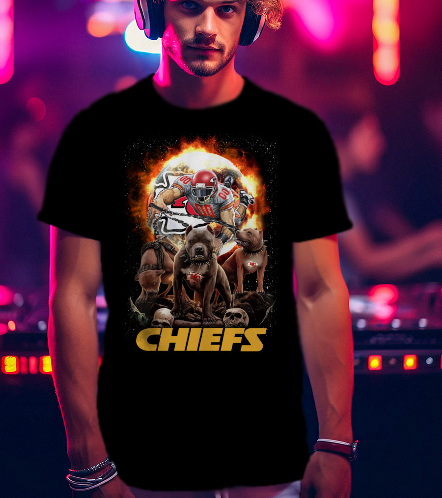 Chiefs Football Player With Dogs And Fiery T-Shirt