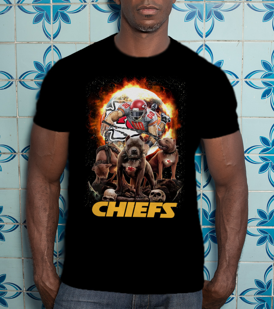 Chiefs Football Player With Dogs And Fiery T-Shirt