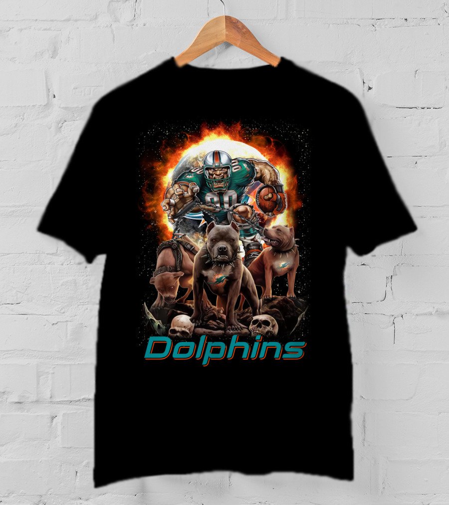 Miami Dolphins Dh 49 Md Comic Style Power Play With Dogs And Football T-Shirt