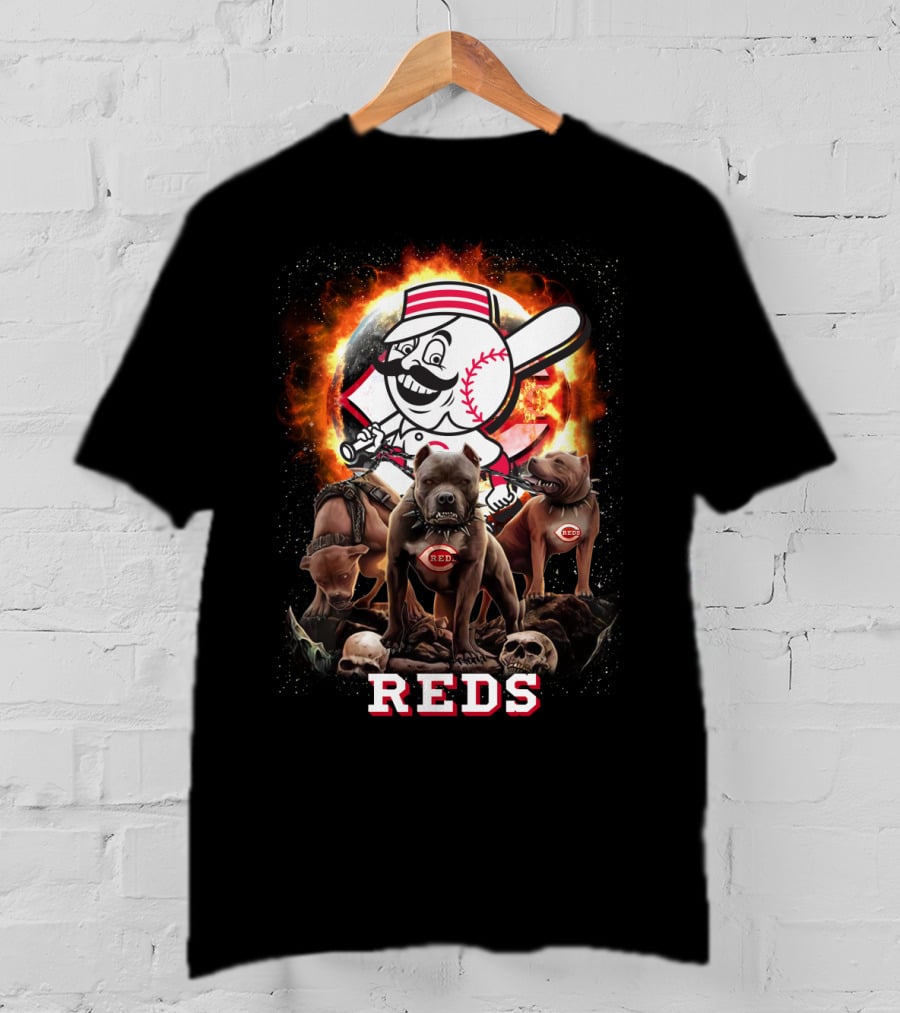 Cincinnati Reds Logo With Fierce Dogs And Skulls T-Shirt