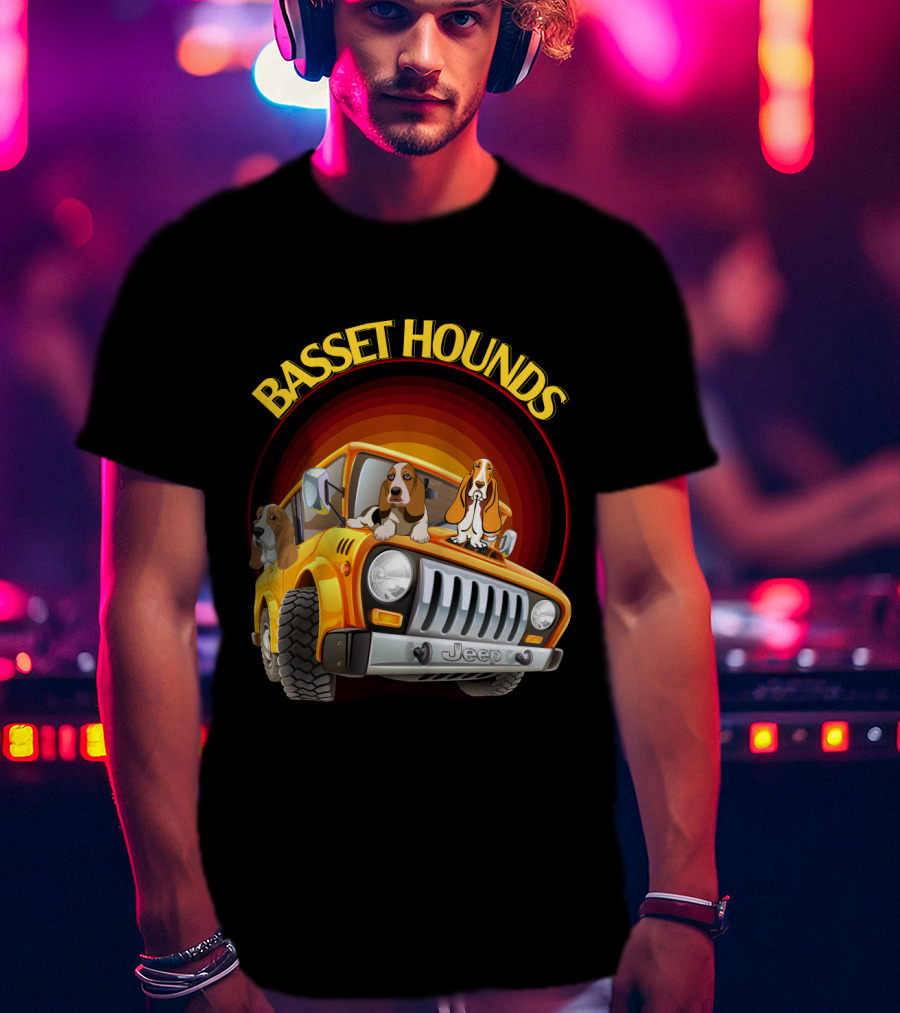 Basset Hounds Jeep Adventure With Dh 51 Basset Hounds Car T-Shirt