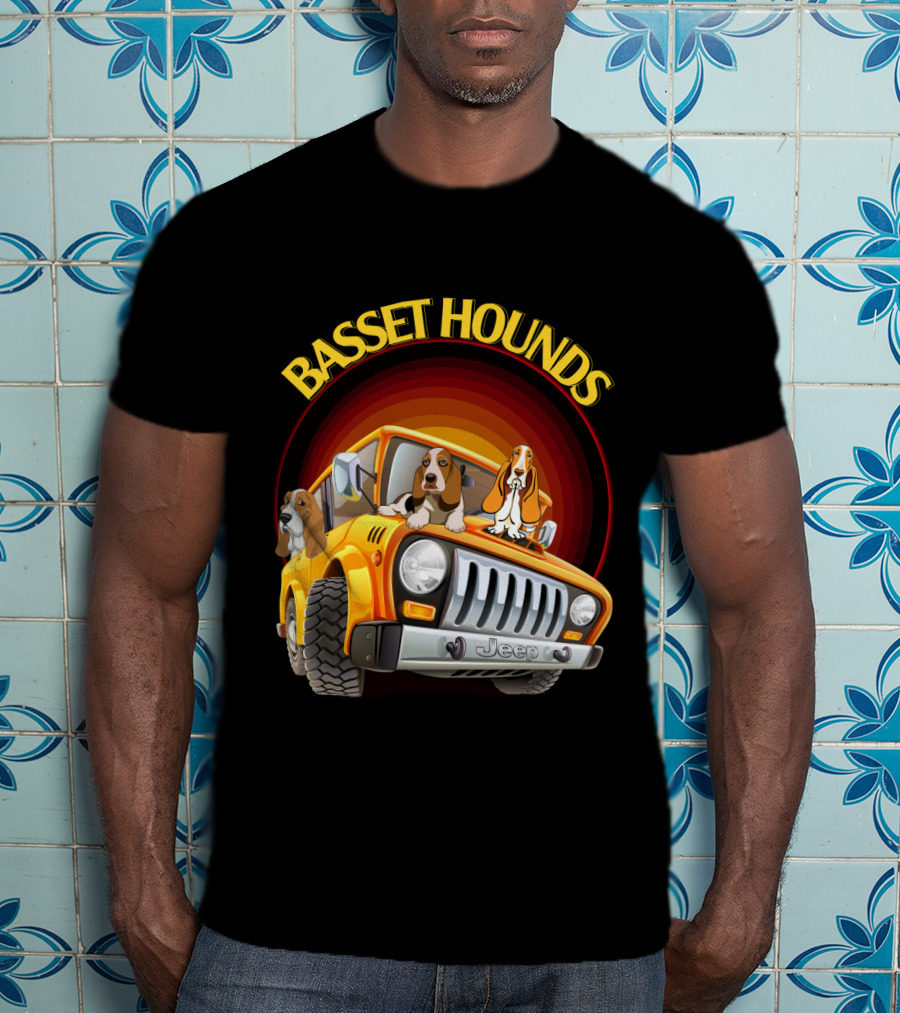 Basset Hounds Jeep Adventure With Dh 51 Basset Hounds Car T-Shirt