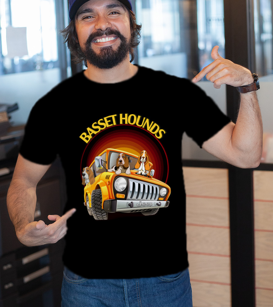 Basset Hounds Jeep Adventure With Dh 51 Basset Hounds Car T-Shirt